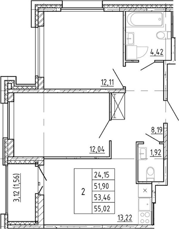 2-комнатная квартира 51.9 м², 12/12 эт., ЖК «Полис Новоселье»
